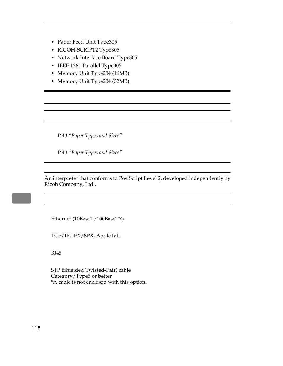 Options, Paper feed unit type305, Ricoh-script2 type305 | Network interface board type305, Ee p.118 “options | Ricoh AP305 User Manual | Page 148 / 156