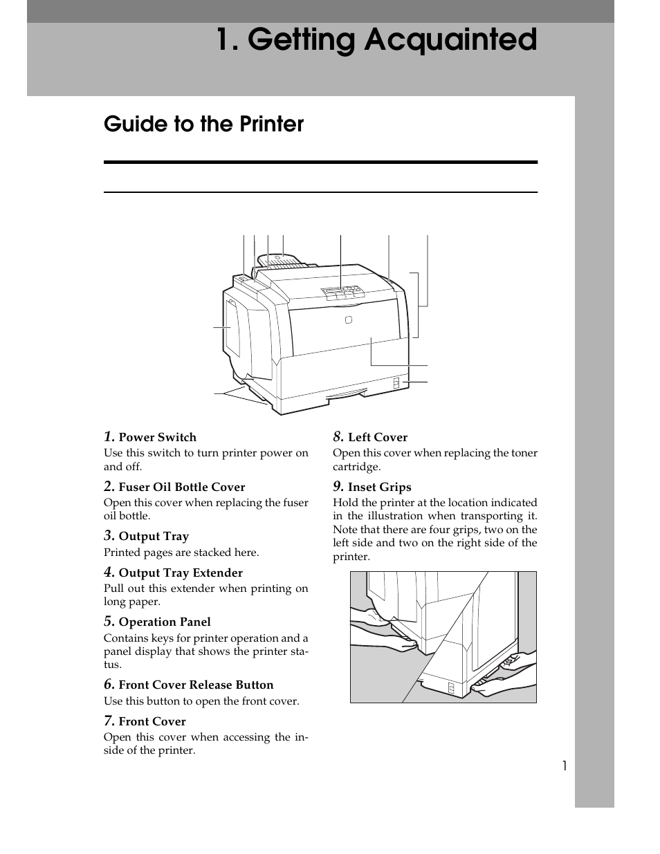 Getting acquainted, Guide to the printer, Exterior-front view | Ricoh AP305 User Manual | Page 31 / 156