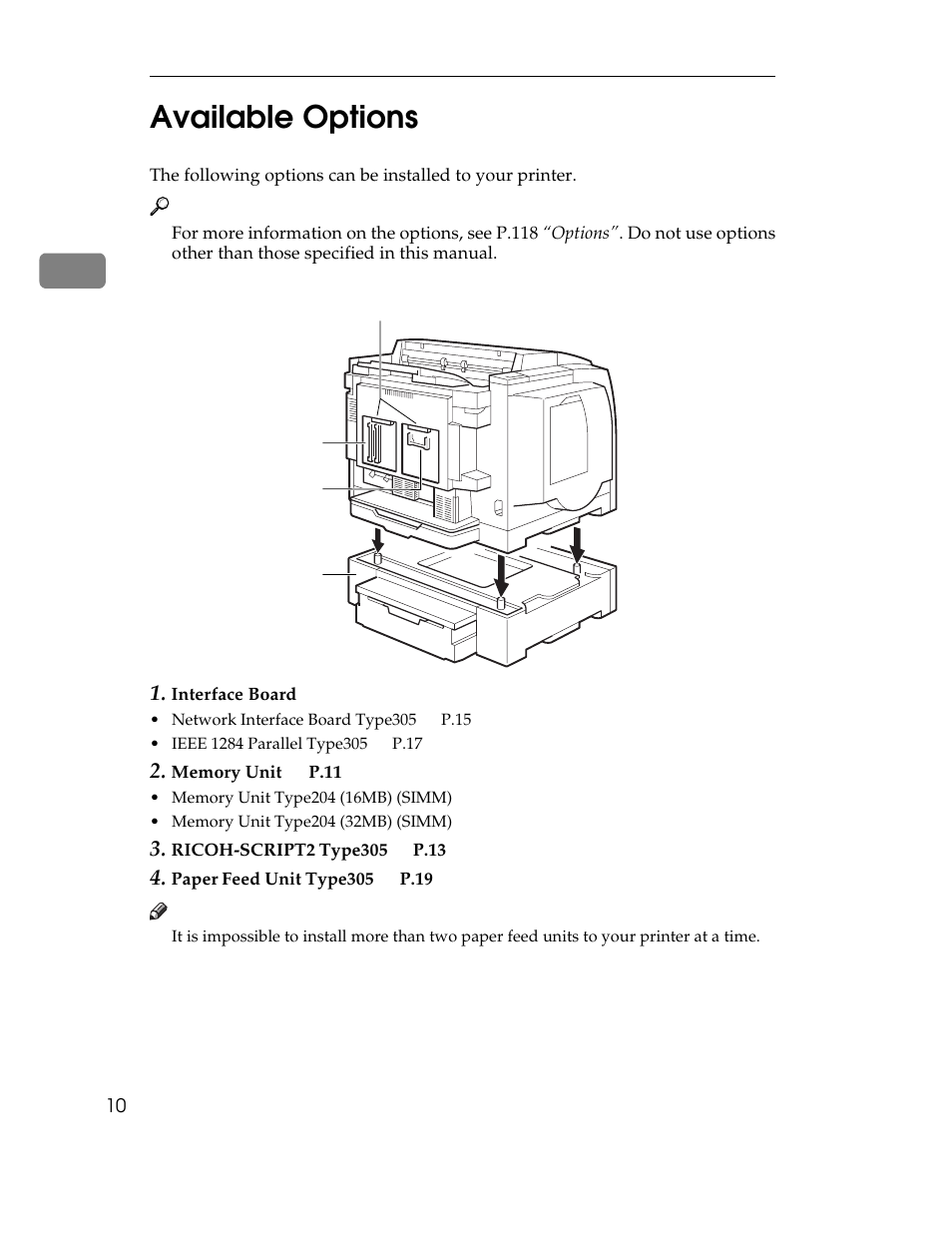 Available options, 2available options | Ricoh AP305 User Manual | Page 40 / 156