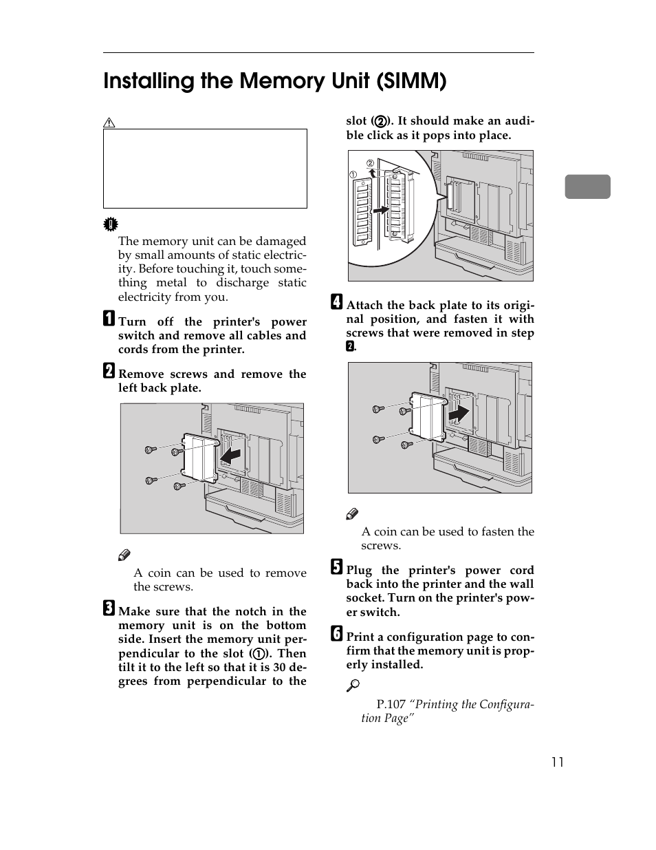 Installing the memory unit (simm), P.11 | Ricoh AP305 User Manual | Page 41 / 156