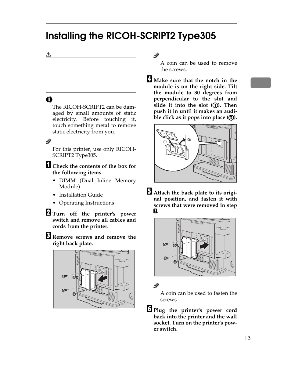 Installing the ricoh-script2 type305, P.13 | Ricoh AP305 User Manual | Page 43 / 156
