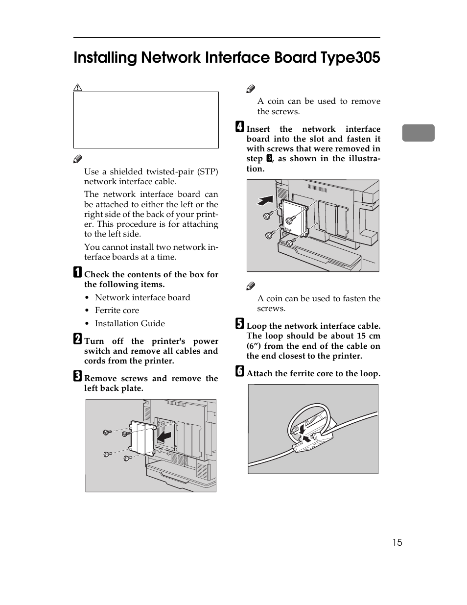 Installing network interface board type305, P.15, 2installing network interface board type305 | Ricoh AP305 User Manual | Page 45 / 156