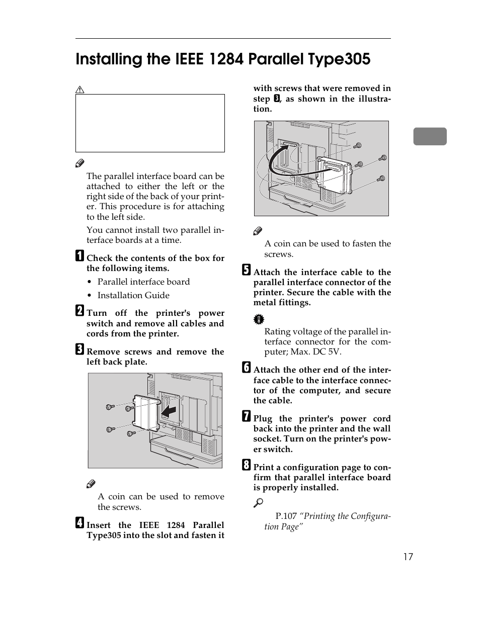 Installing the ieee 1284 parallel type305, P.17 | Ricoh AP305 User Manual | Page 47 / 156