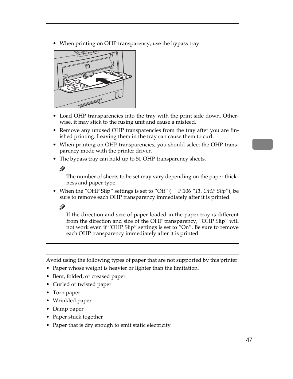 Used, P.47 “paper not supported by this printer | Ricoh AP305 User Manual | Page 77 / 156