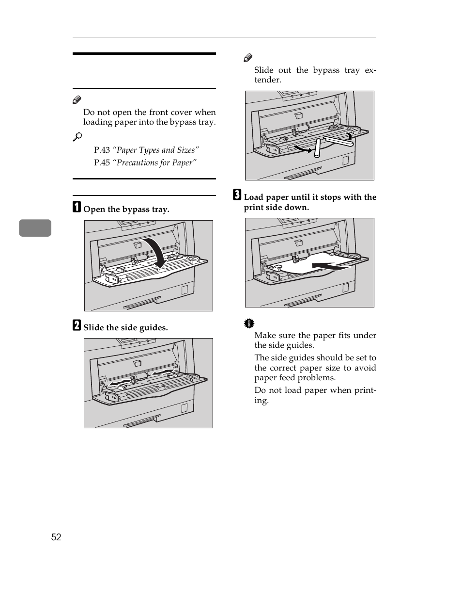 Loading paper in the bypass tray, Loading paper, P.52 “loading paper in the bypass tray | Ricoh AP305 User Manual | Page 82 / 156