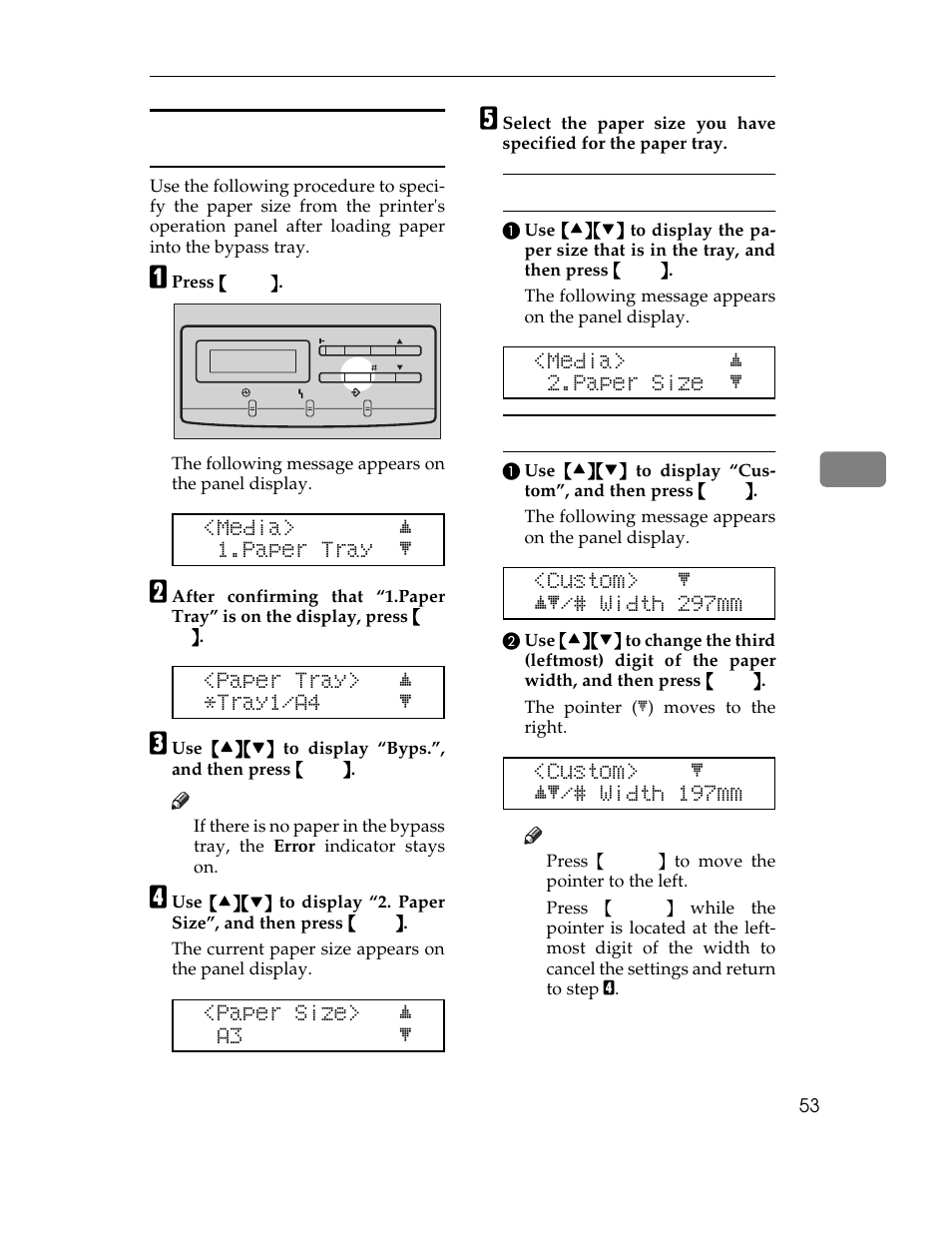 Specifying paper size, Media> j 1.paper tray l, Paper tray> j *tray1/a4 l | Paper size> j a3 l, Media> j 2.paper size l, Custom> l jl/# width 297mm, Custom> l jl/# width 197mm | Ricoh AP305 User Manual | Page 83 / 156