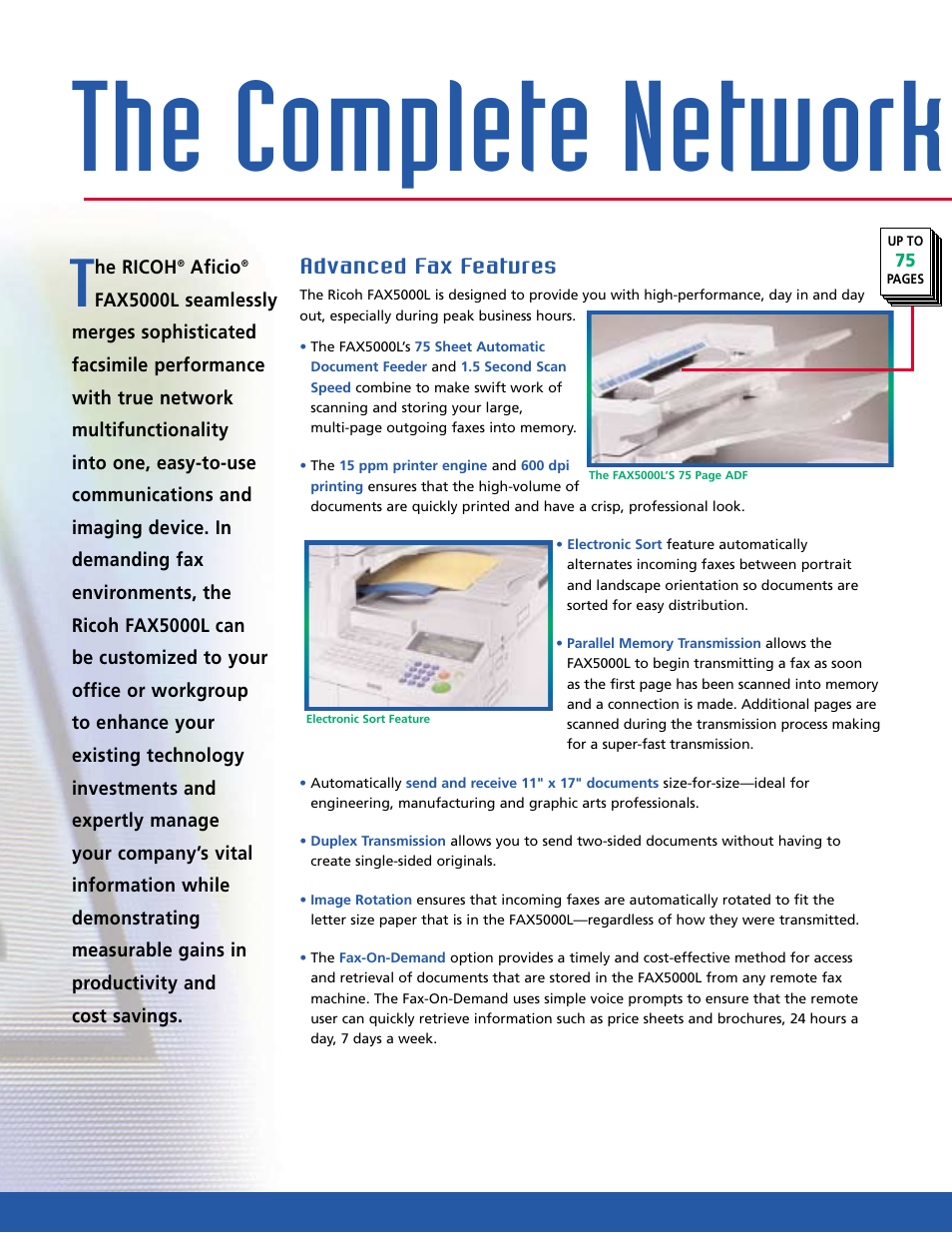 The complete network, Advanced fax features | Ricoh FAX5000L User Manual | Page 2 / 6