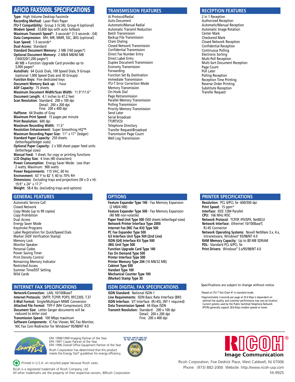 Aficio fax5000l specifications | Ricoh FAX5000L User Manual | Page 6 / 6