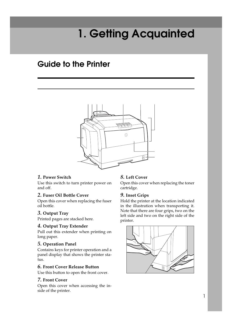  getting acquainted, Guide to the printer, Exterior-front view | Getting acquainted | Ricoh AP505 User Manual | Page 19 / 80