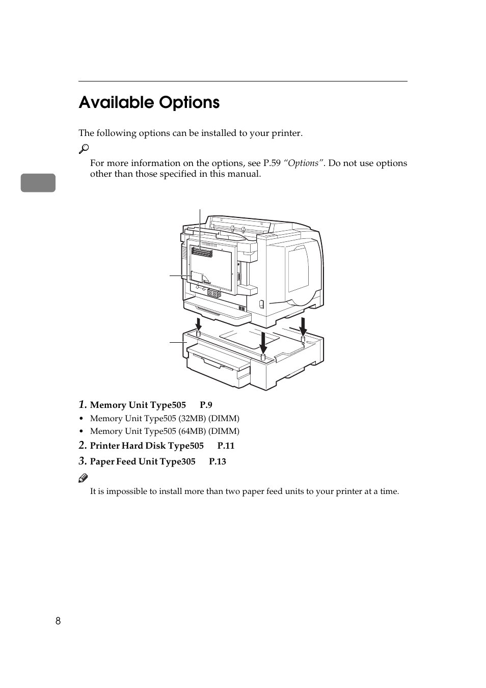 Available options, 2available options | Ricoh AP505 User Manual | Page 26 / 80