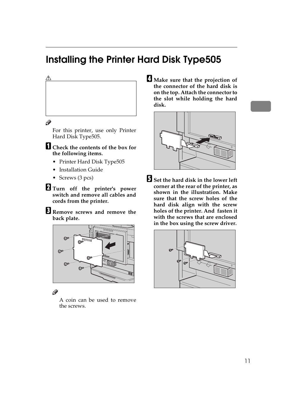 Installing the printer hard disk type505, P.11, 2installing the printer hard disk type505 | Ricoh AP505 User Manual | Page 29 / 80