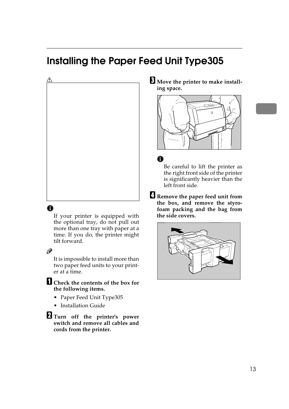 Installing the paper feed unit type305, P.13, 2installing the paper feed unit type305 | Ricoh AP505 User Manual | Page 31 / 80