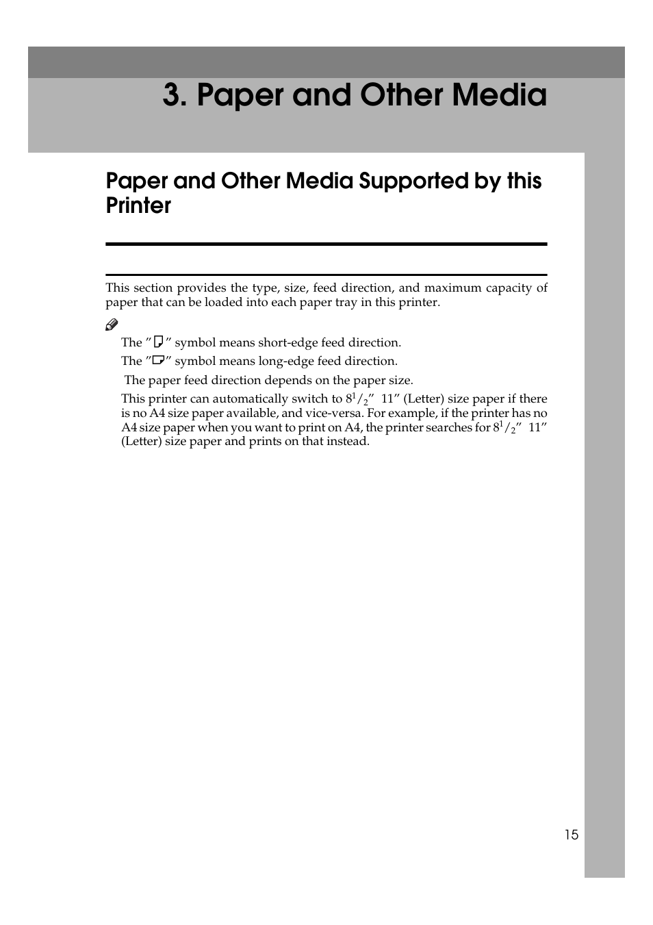  paper and other media, Paper and other media supported by this printer, Paper types and sizes | Paper and other media | Ricoh AP505 User Manual | Page 33 / 80