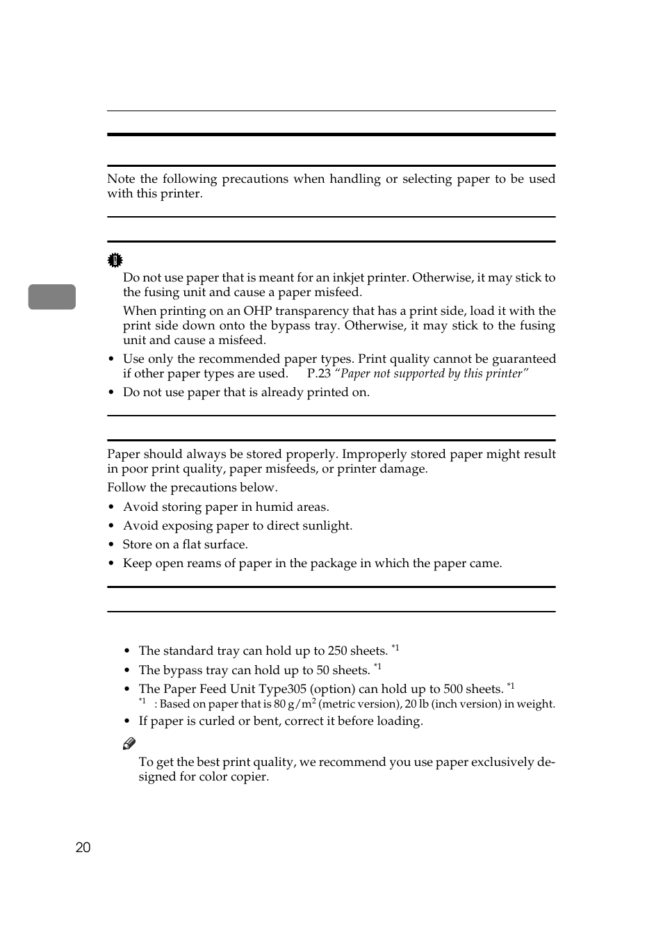 Precautions for paper, Cautions in loading paper, Cautions in storing paper | Paper types and cautions | Ricoh AP505 User Manual | Page 38 / 80