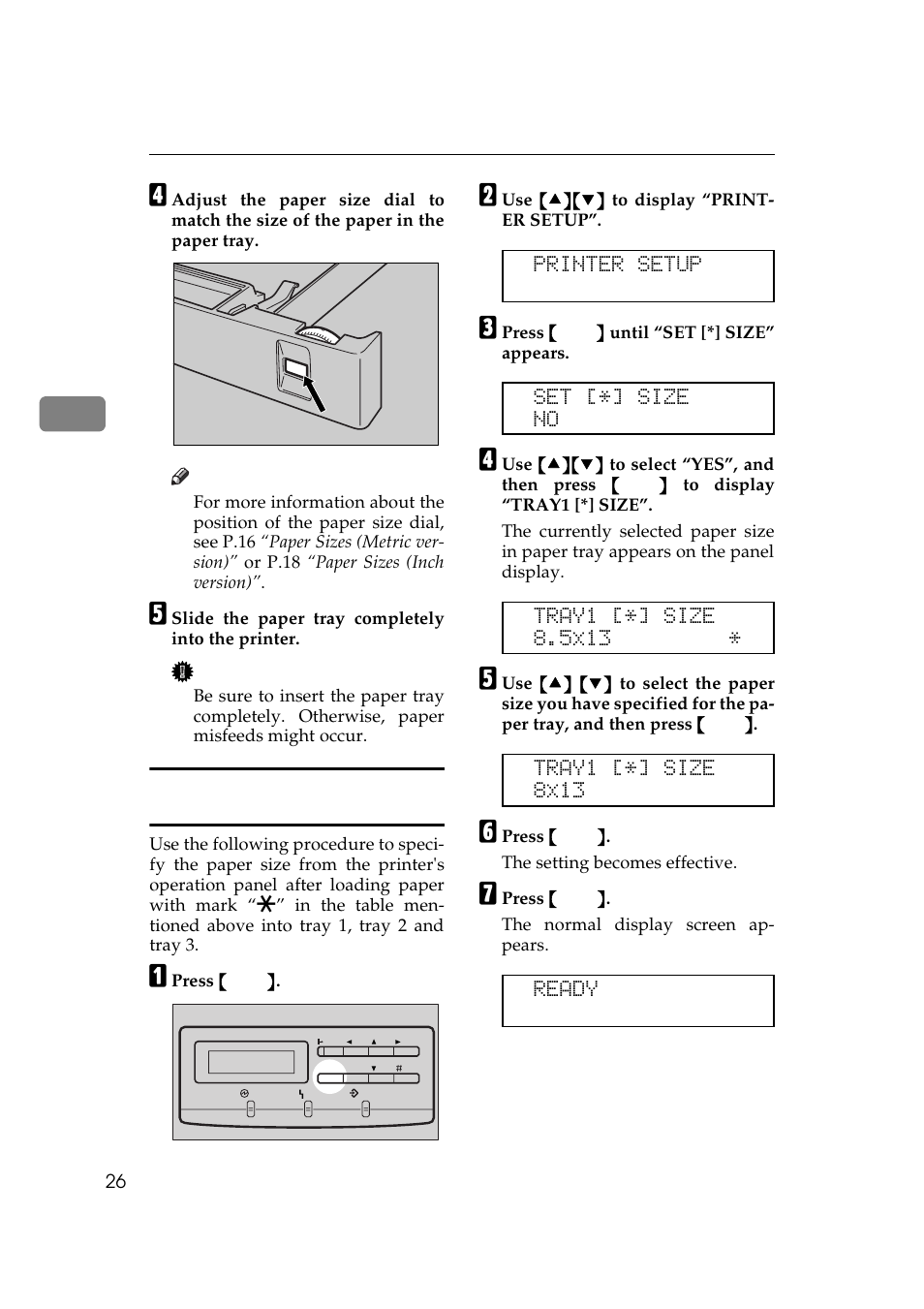 Specifying paper size using the operation panel, P.26 “specifying paper size using the operation, Panel | P.26 “spec, Ifying paper size using the operation panel, Printer setup, Set [*] size no, Tray1 [*] size 8x13, Ready | Ricoh AP505 User Manual | Page 44 / 80