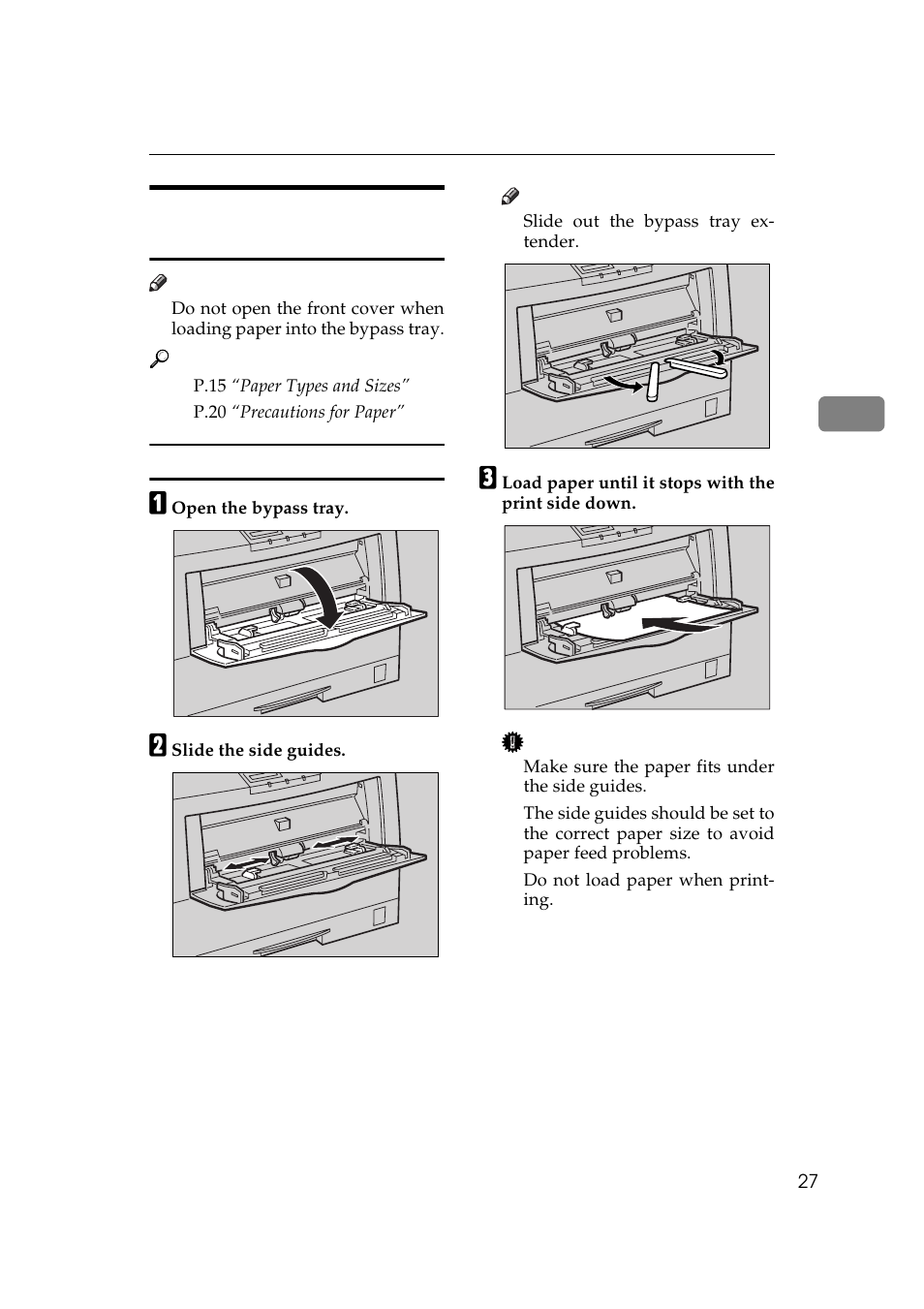 Loading paper in the bypass tray, Loading paper, P.27 “loading paper in the bypass tray | Ricoh AP505 User Manual | Page 45 / 80