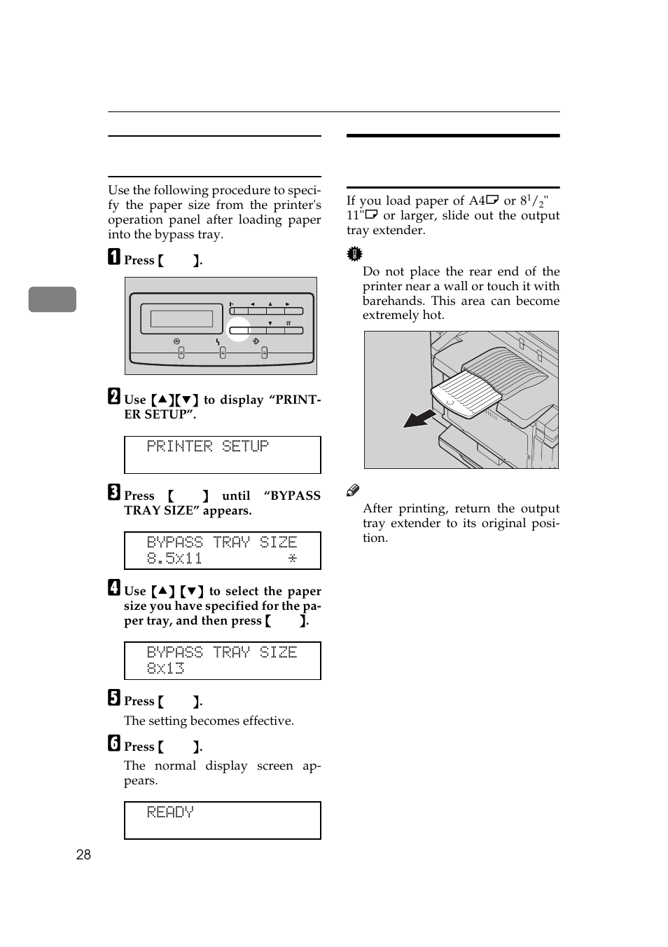 Specifying paper size using the operation panel, Sliding out the output tray extender, Printer setup | Bypass tray size 8.5x11, Bypass tray size 8x13, Ready | Ricoh AP505 User Manual | Page 46 / 80