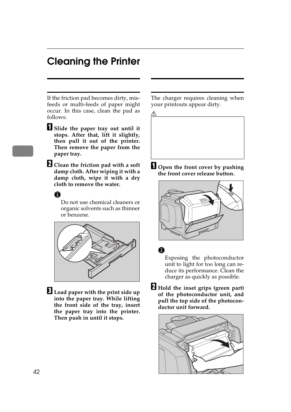 Cleaning the printer, Cleaning the friction pad, Cleaning the charger | Cleaning the friction pad cleaning the charger, P.42 “cleaning the, Friction pad, P.42 “cleaning, The charger, P.42 “clean, Ing the charger | Ricoh AP505 User Manual | Page 60 / 80