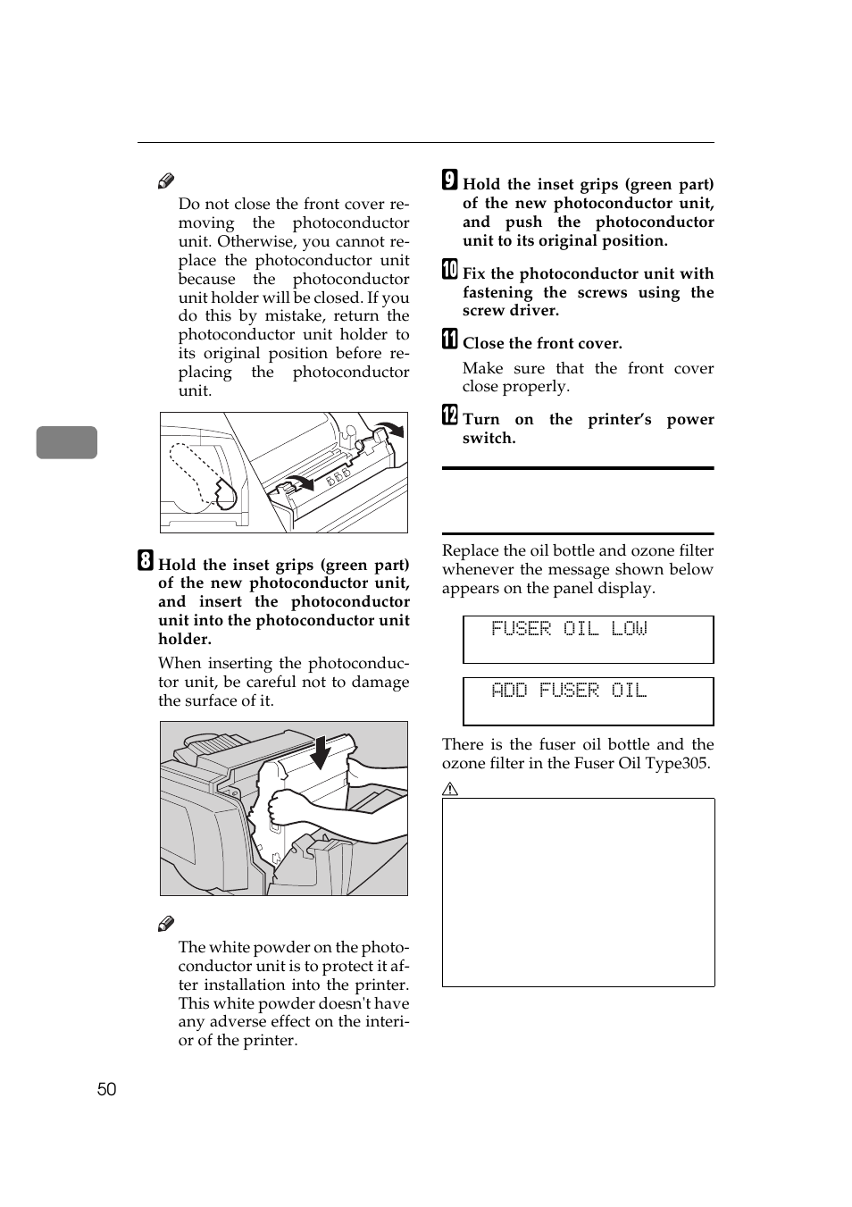 Replacing the fuser oil bottle and ozone filter, P.50 “replacing the fuser, Oil bottle and ozone filter | Ricoh AP505 User Manual | Page 68 / 80