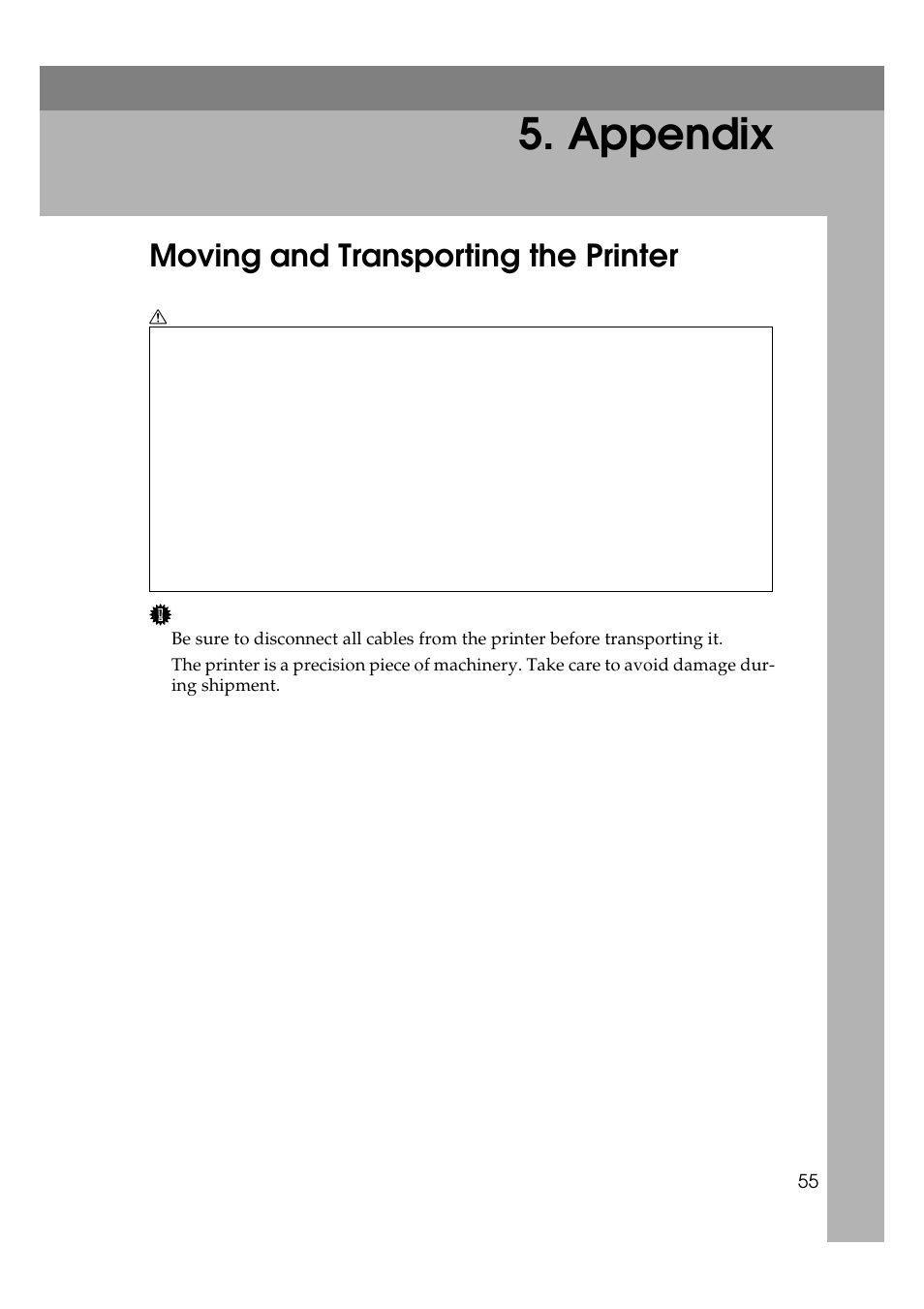  appendix, Moving and transporting the printer, Appendix | Ricoh AP505 User Manual | Page 73 / 80