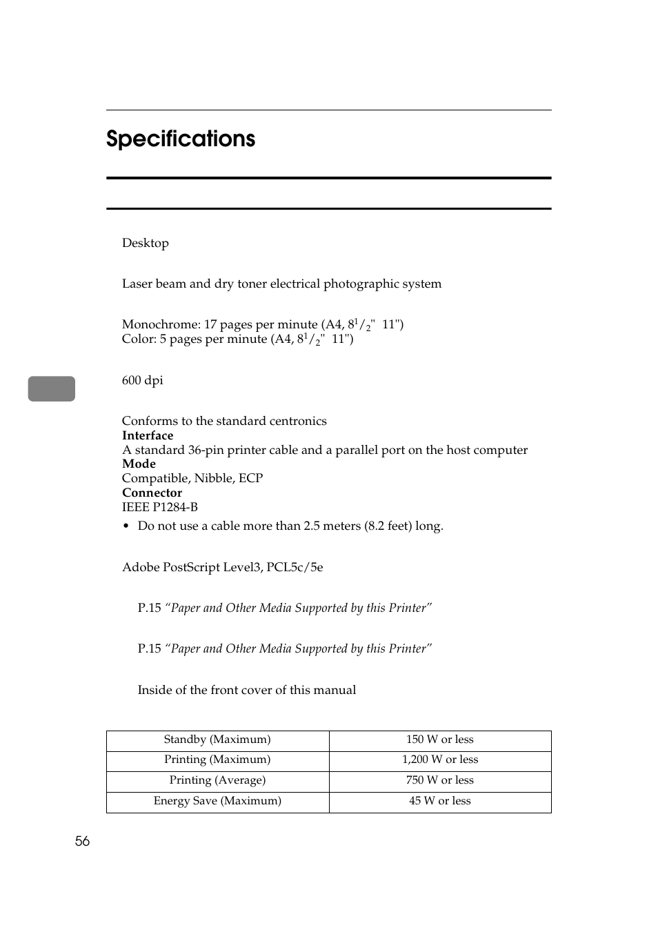 Specifications, Mainframe, 5specifications | Ricoh AP505 User Manual | Page 74 / 80