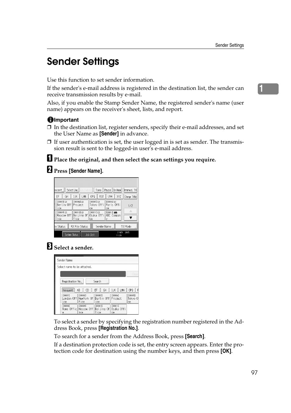 Sender settings, P.97 “sender settings, 1sender settings | Ricoh 7500 User Manual | Page 107 / 292