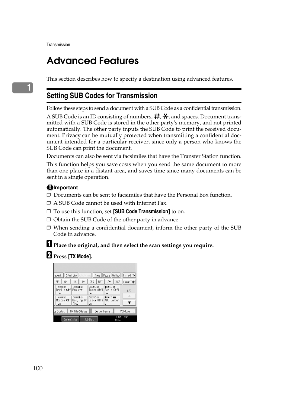Advanced features, Setting sub codes for transmission, 1advanced features | Ricoh 7500 User Manual | Page 110 / 292