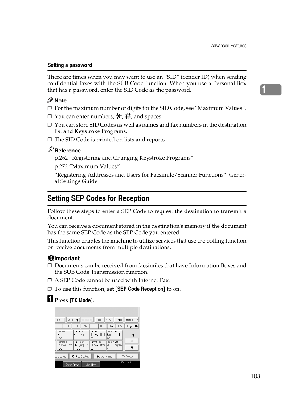 Setting a password, Setting sep codes for reception | Ricoh 7500 User Manual | Page 113 / 292