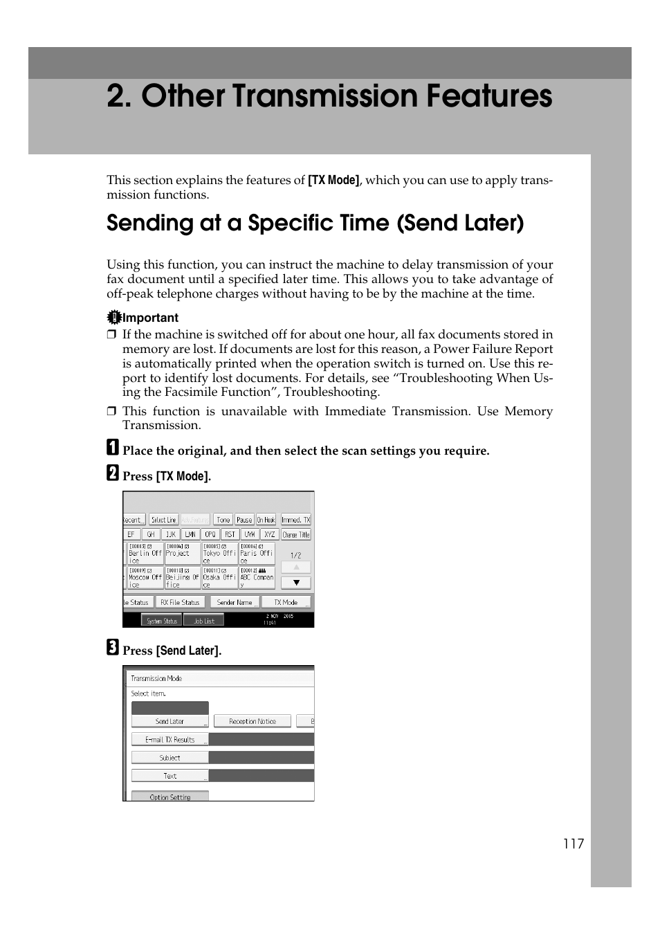  other transmission features, Sending at a specific time (send later), Other transmission features | P.117 “other transmission features | Ricoh 7500 User Manual | Page 127 / 292