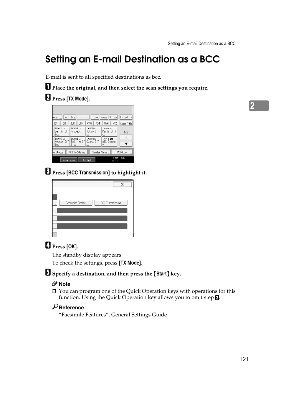 Setting an e-mail destination as a bcc, P.121 “setting an e-mail destination as a bcc, 2setting an e-mail destination as a bcc | Ricoh 7500 User Manual | Page 131 / 292