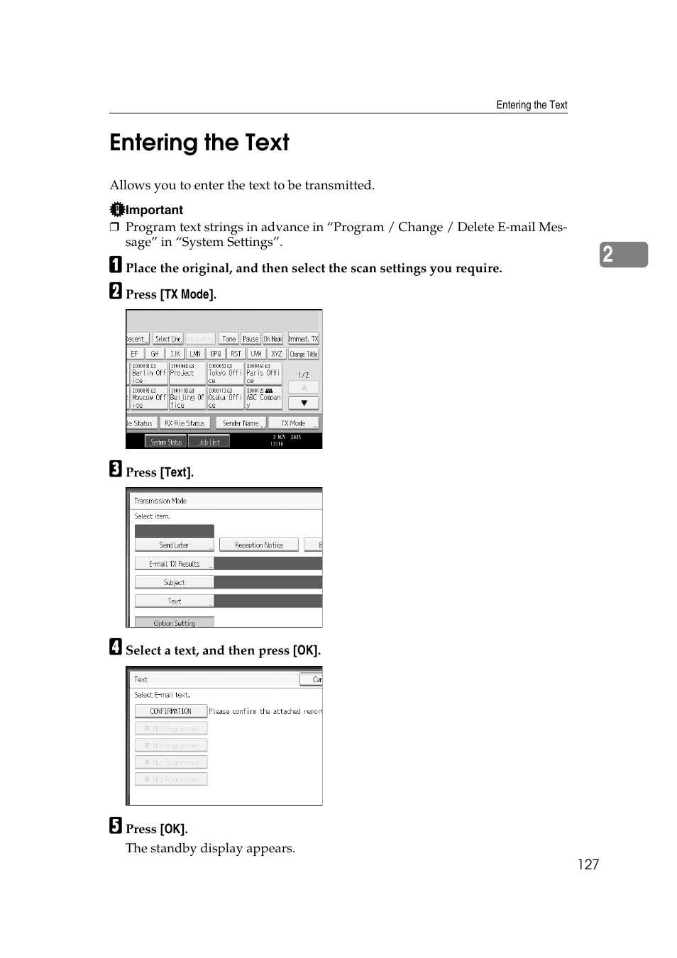 Entering the text, P.127 “entering the text, 2entering the text | Ricoh 7500 User Manual | Page 137 / 292