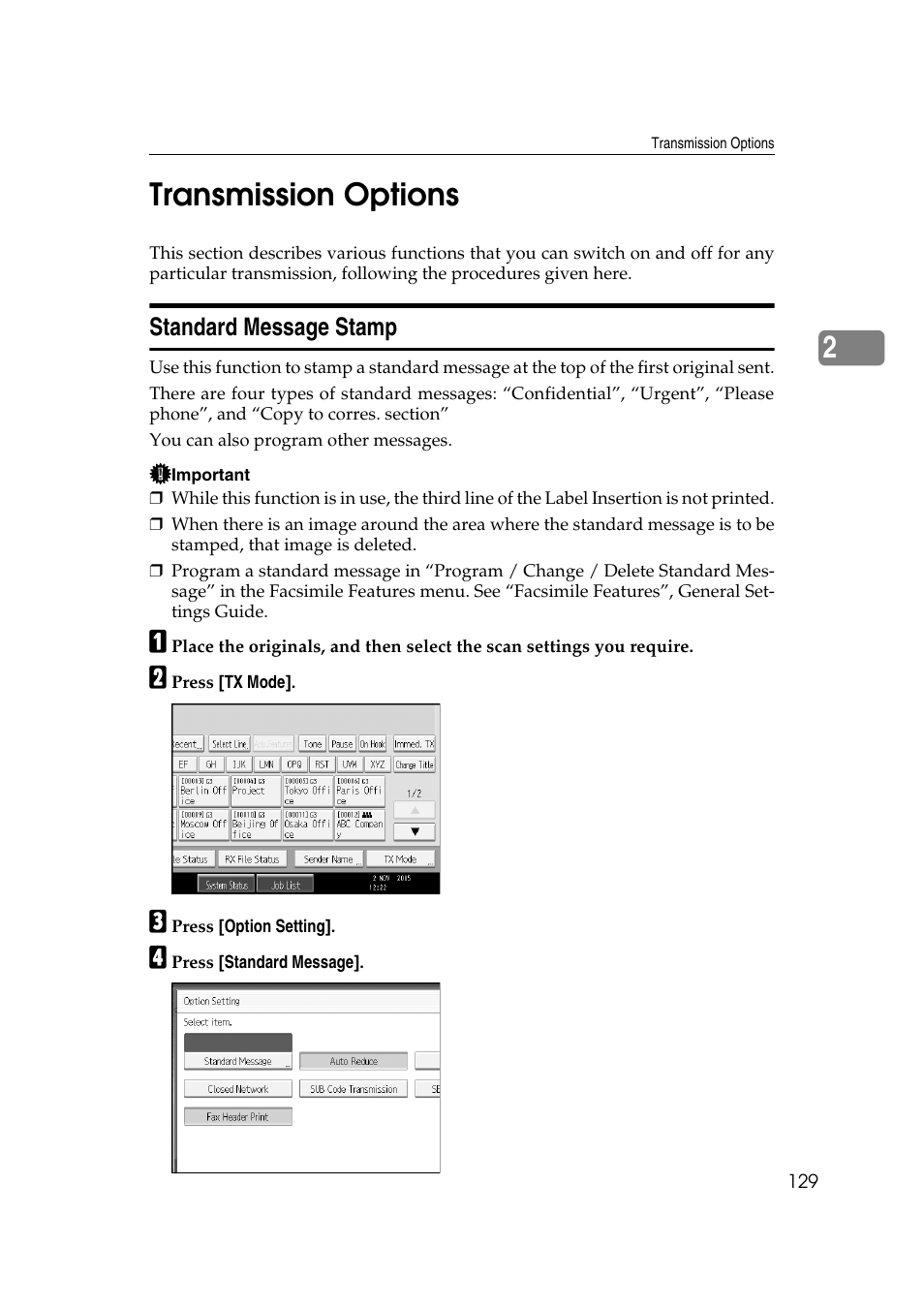 Transmission options, Standard message stamp, 2transmission options | Ricoh 7500 User Manual | Page 139 / 292
