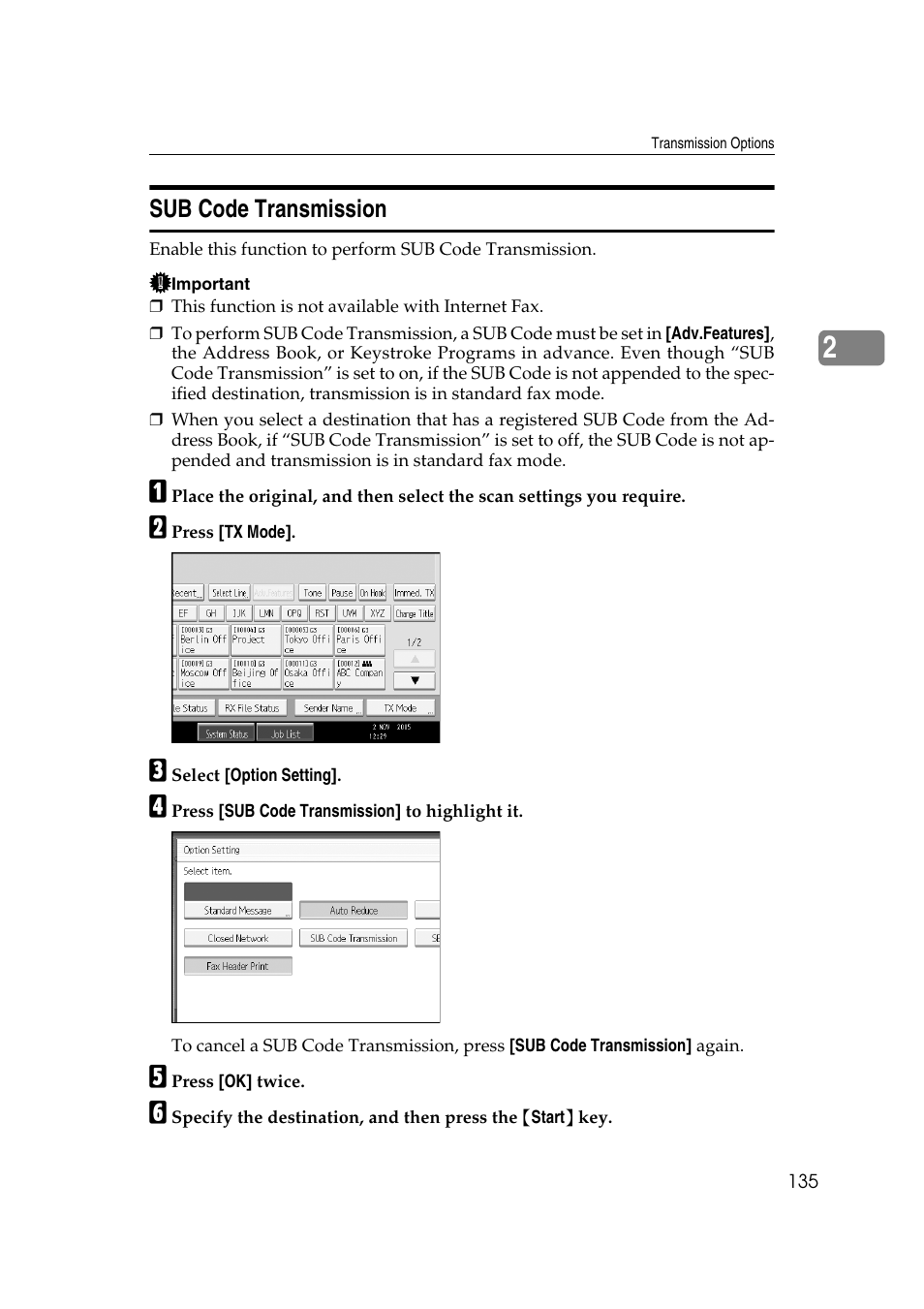 Sub code transmission, P.135 “sub code transmission | Ricoh 7500 User Manual | Page 145 / 292