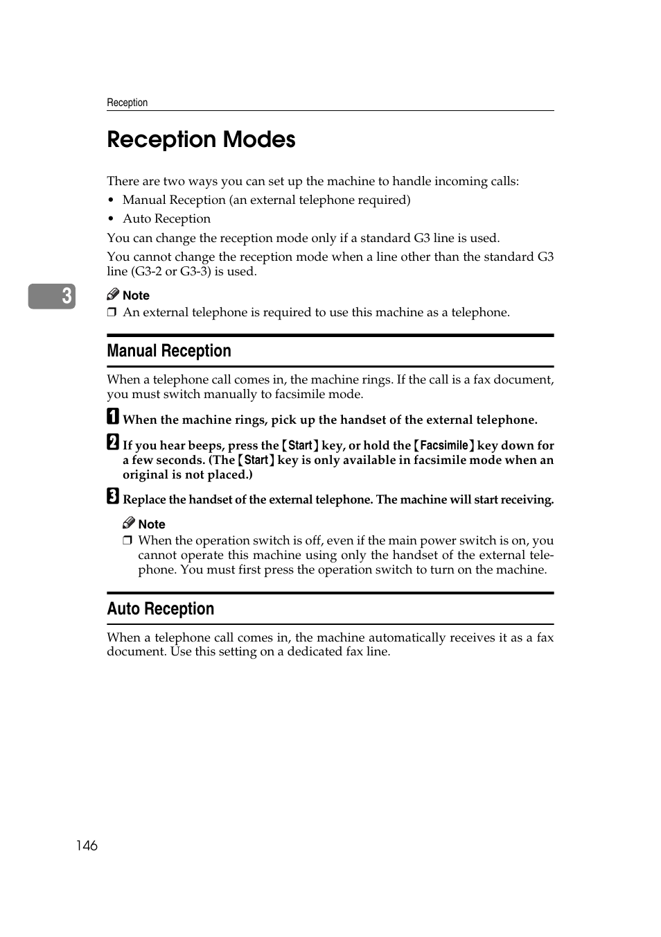 Reception modes, Manual reception, Auto reception | Manual reception auto reception, 3reception modes | Ricoh 7500 User Manual | Page 156 / 292
