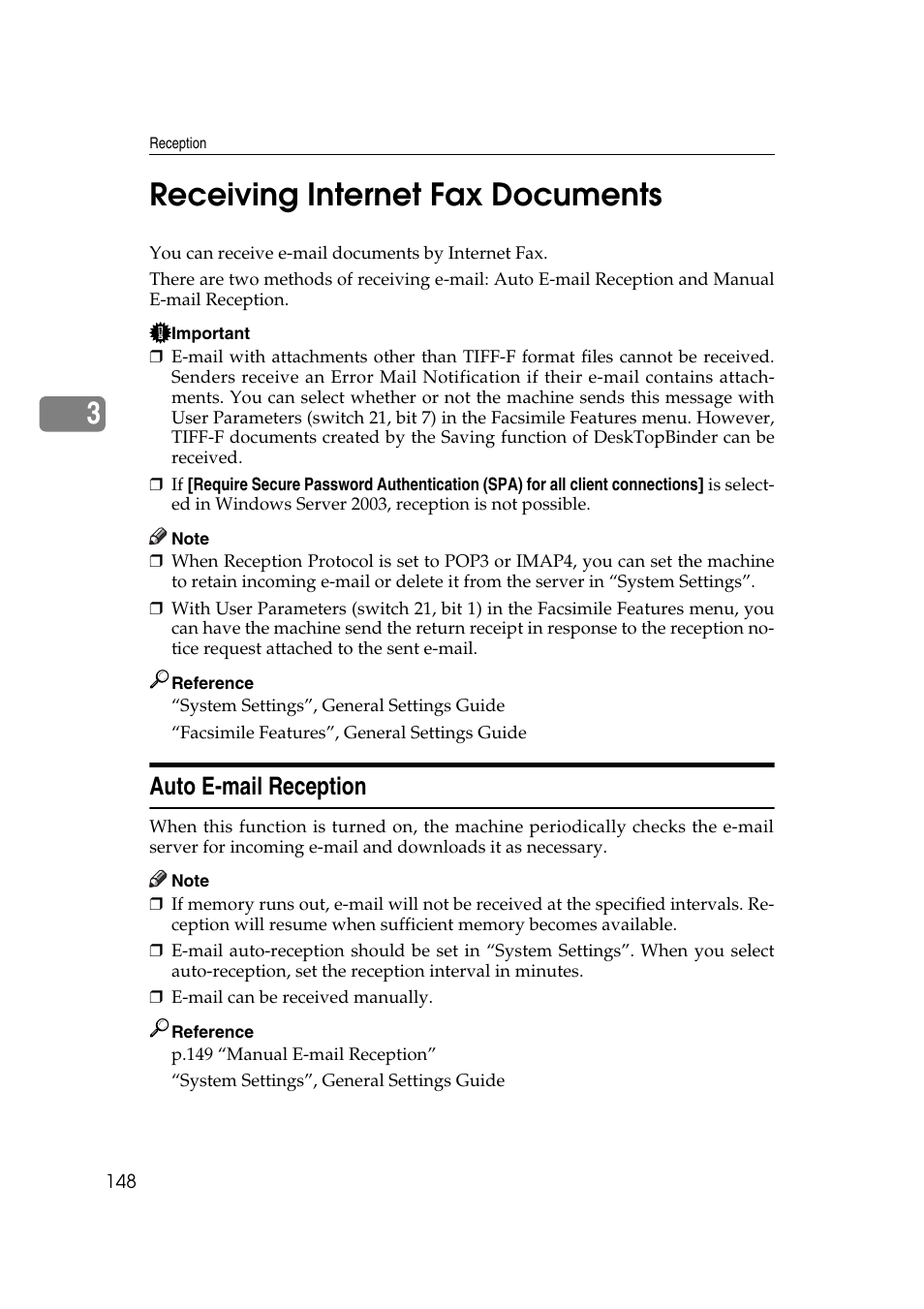 Receiving internet fax documents, Auto e-mail reception, 3receiving internet fax documents | Ricoh 7500 User Manual | Page 158 / 292