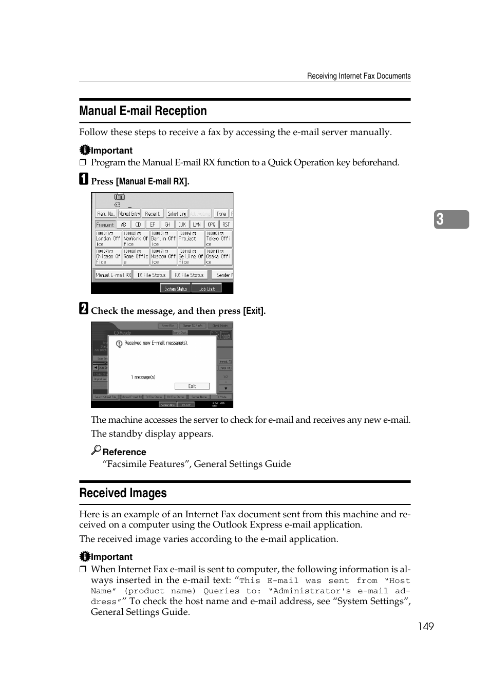 Manual e-mail reception, Received images, Manual e-mail reception received images | P.149 “received images | Ricoh 7500 User Manual | Page 159 / 292