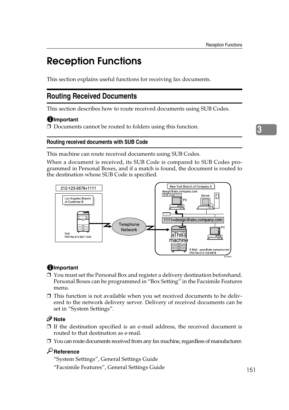 Reception functions, Routing received documents, Routing received documents with sub code | 3reception functions | Ricoh 7500 User Manual | Page 161 / 292