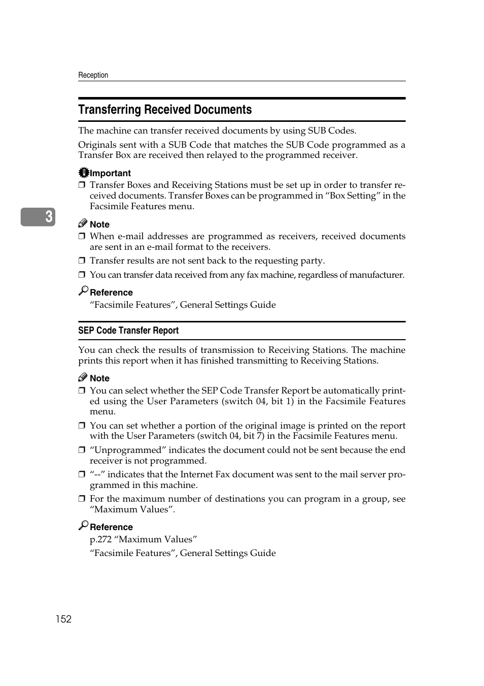 Transferring received documents, Sep code transfer report, P.152 “transferring received documents | Ricoh 7500 User Manual | Page 162 / 292