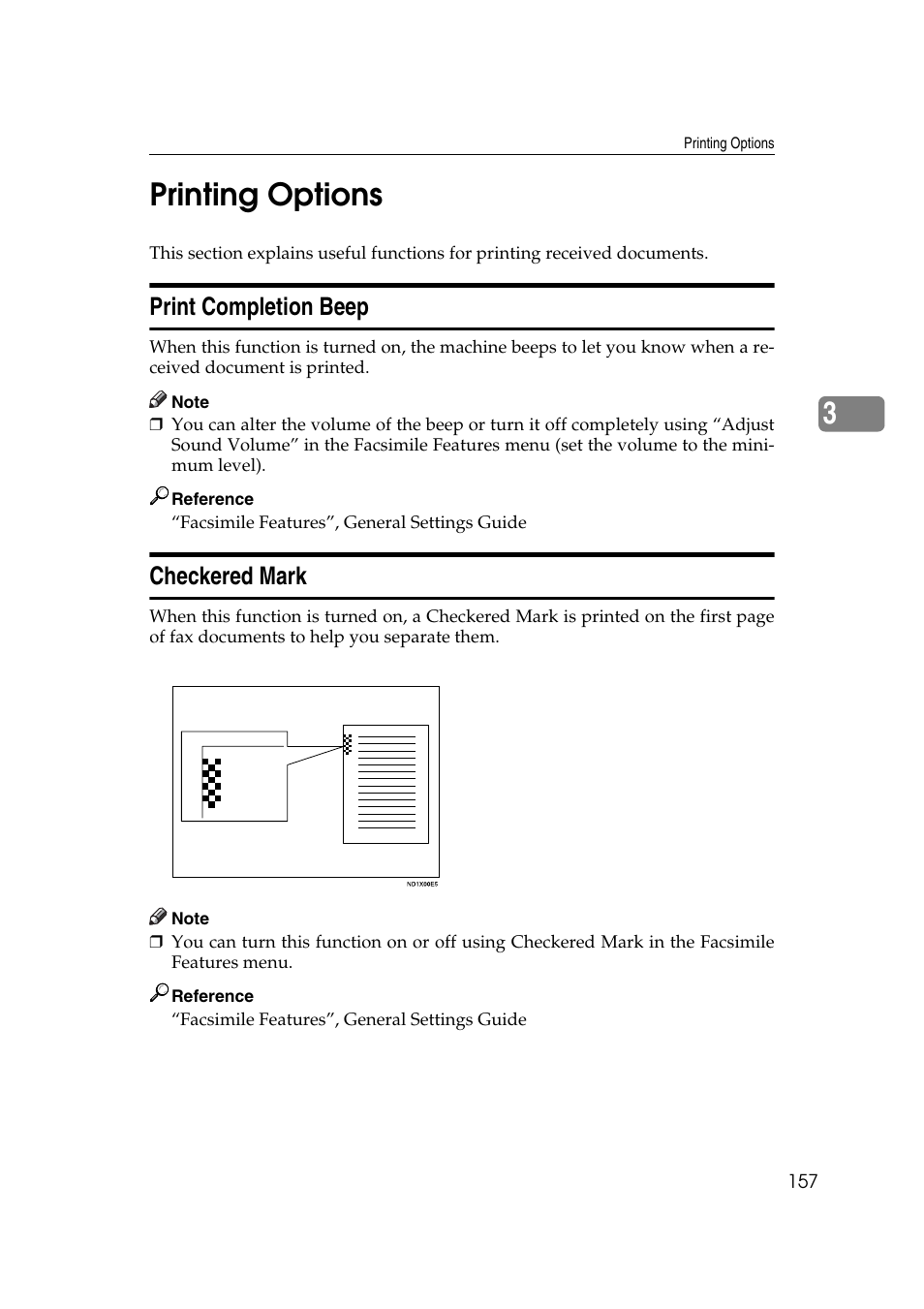 Printing options, Print completion beep, Checkered mark | Print completion beep checkered mark, P.157 “printing options, 3printing options | Ricoh 7500 User Manual | Page 167 / 292