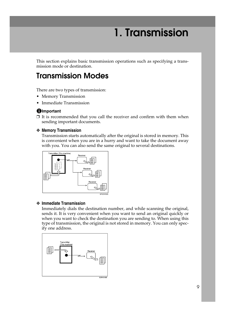  transmission, Transmission modes, Transmission | P.9 “transmission modes | Ricoh 7500 User Manual | Page 19 / 292
