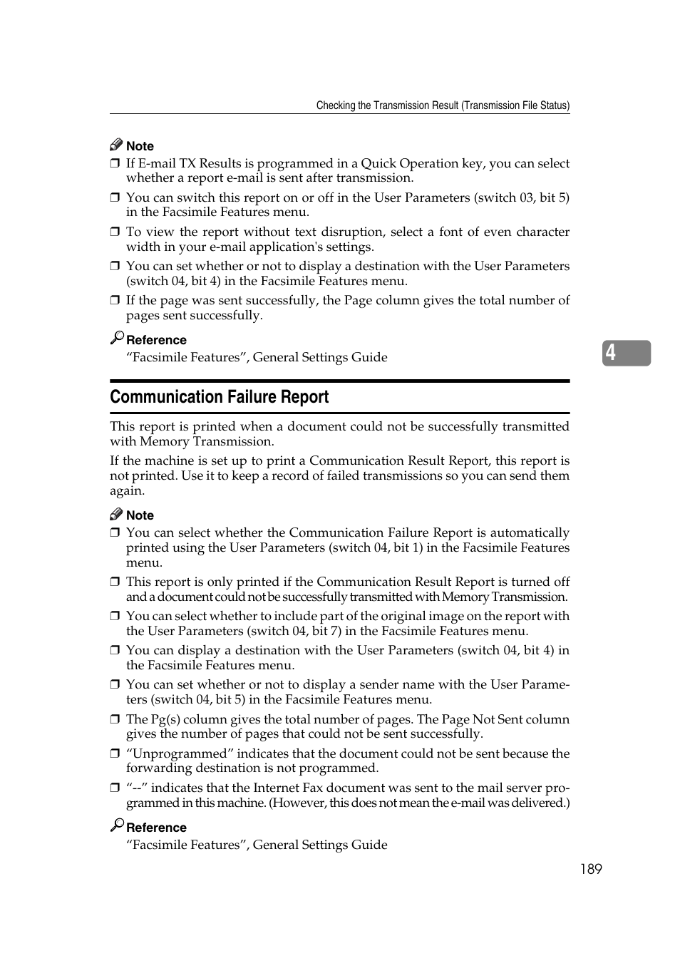 Communication failure report, P.189 “communication failure report | Ricoh 7500 User Manual | Page 199 / 292