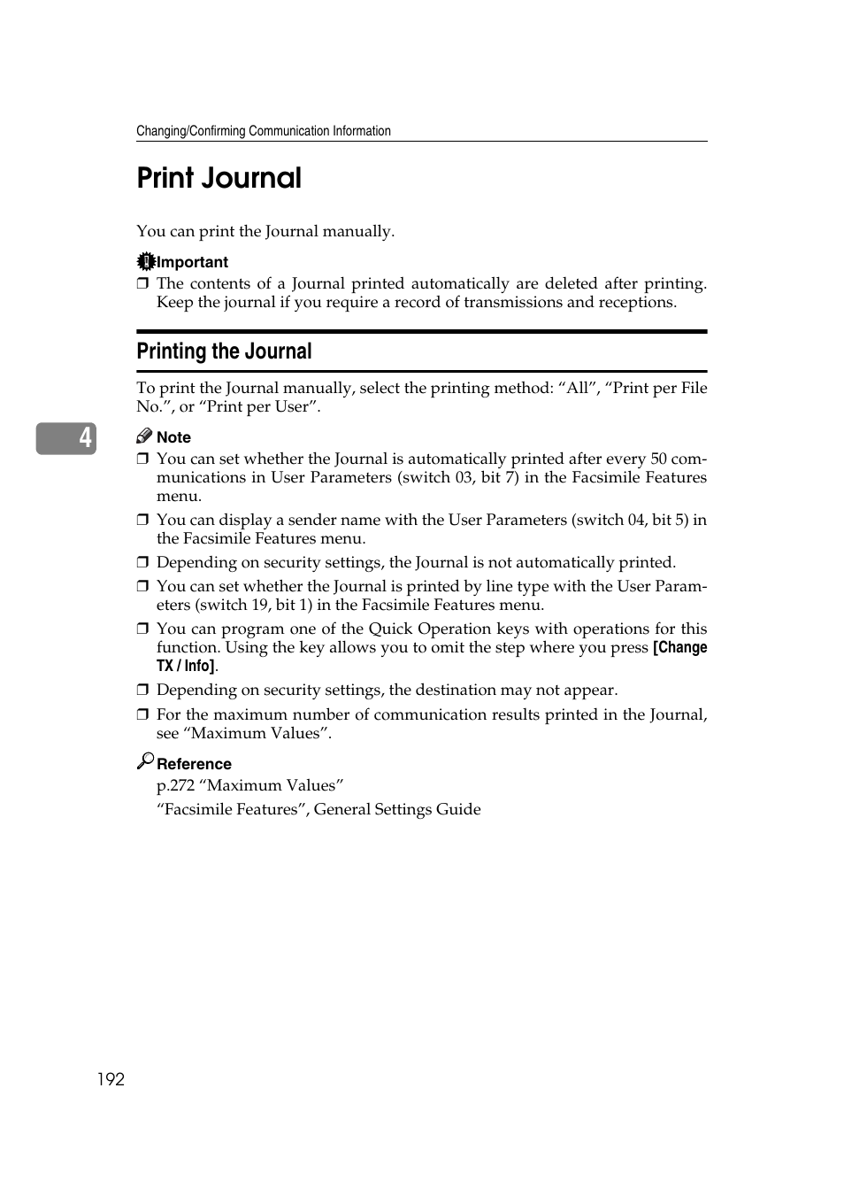 Print journal, Printing the journal, P.192 “print journal | 4print journal | Ricoh 7500 User Manual | Page 202 / 292
