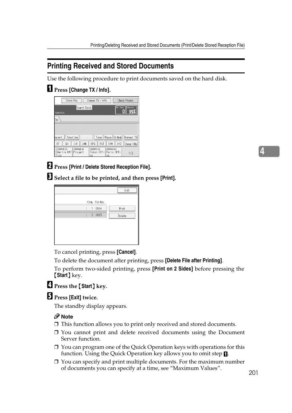 Printing received and stored documents | Ricoh 7500 User Manual | Page 211 / 292
