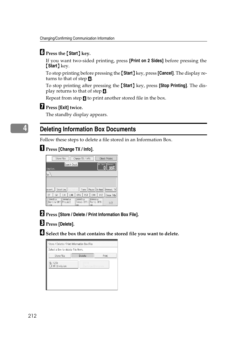 Deleting information box documents, P.212 “deleting information box documents | Ricoh 7500 User Manual | Page 222 / 292