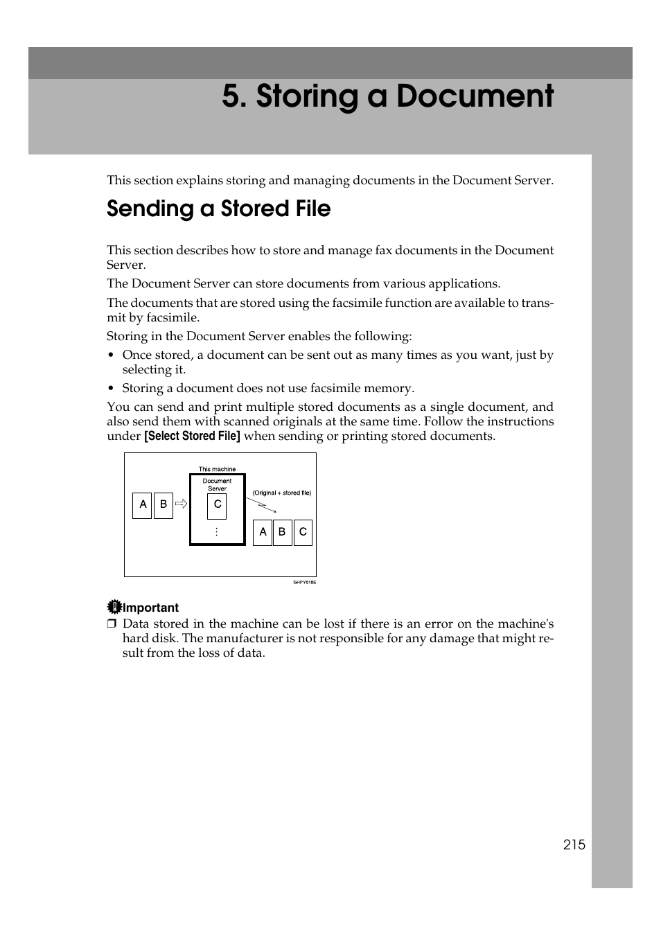  storing a document, Sending a stored file, Storing a document | P.215 “storing a document | Ricoh 7500 User Manual | Page 225 / 292