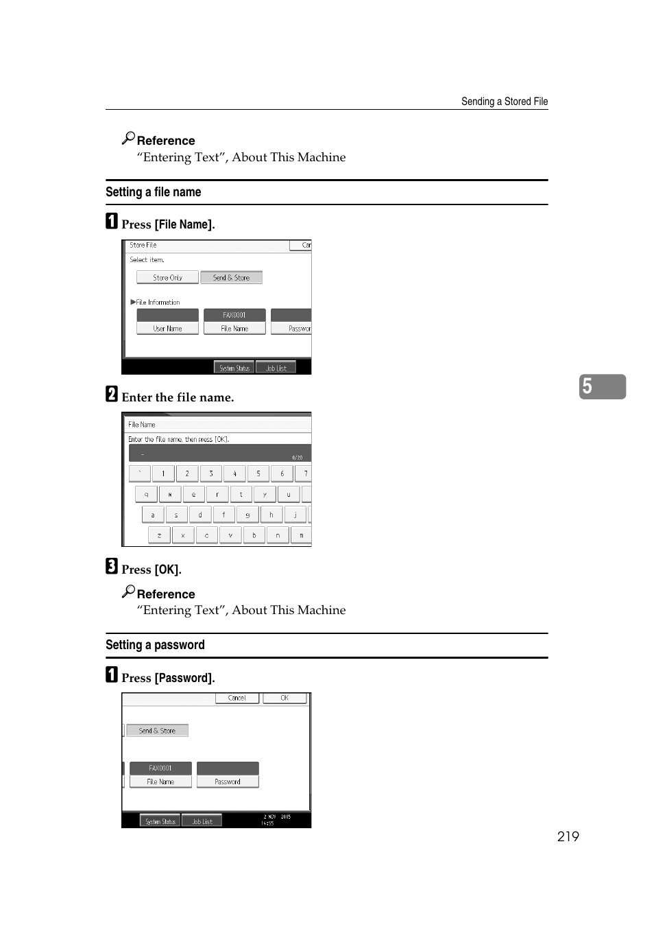 Setting a file name, Setting a password, Setting a file name setting a password | Ricoh 7500 User Manual | Page 229 / 292