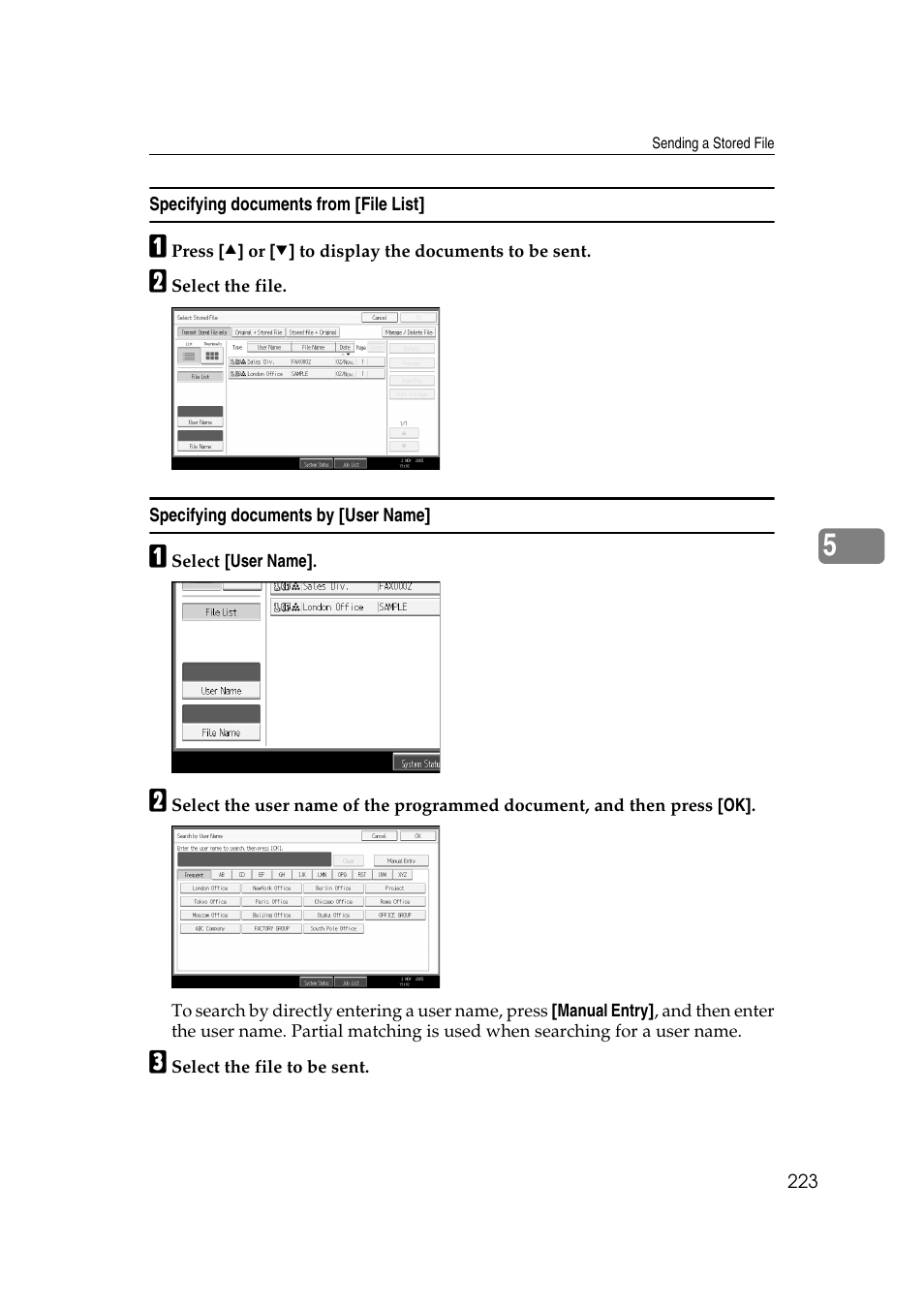 Specifying documents from [file list, Specifying documents by [user name | Ricoh 7500 User Manual | Page 233 / 292