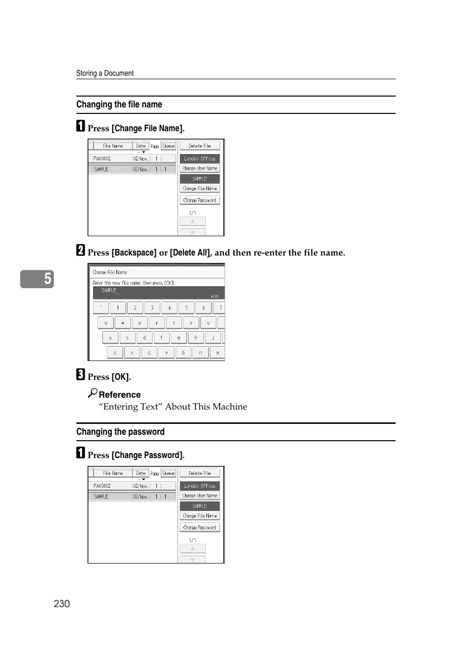 Changing the file name, Changing the password, Changing the file name changing the password | Ricoh 7500 User Manual | Page 240 / 292