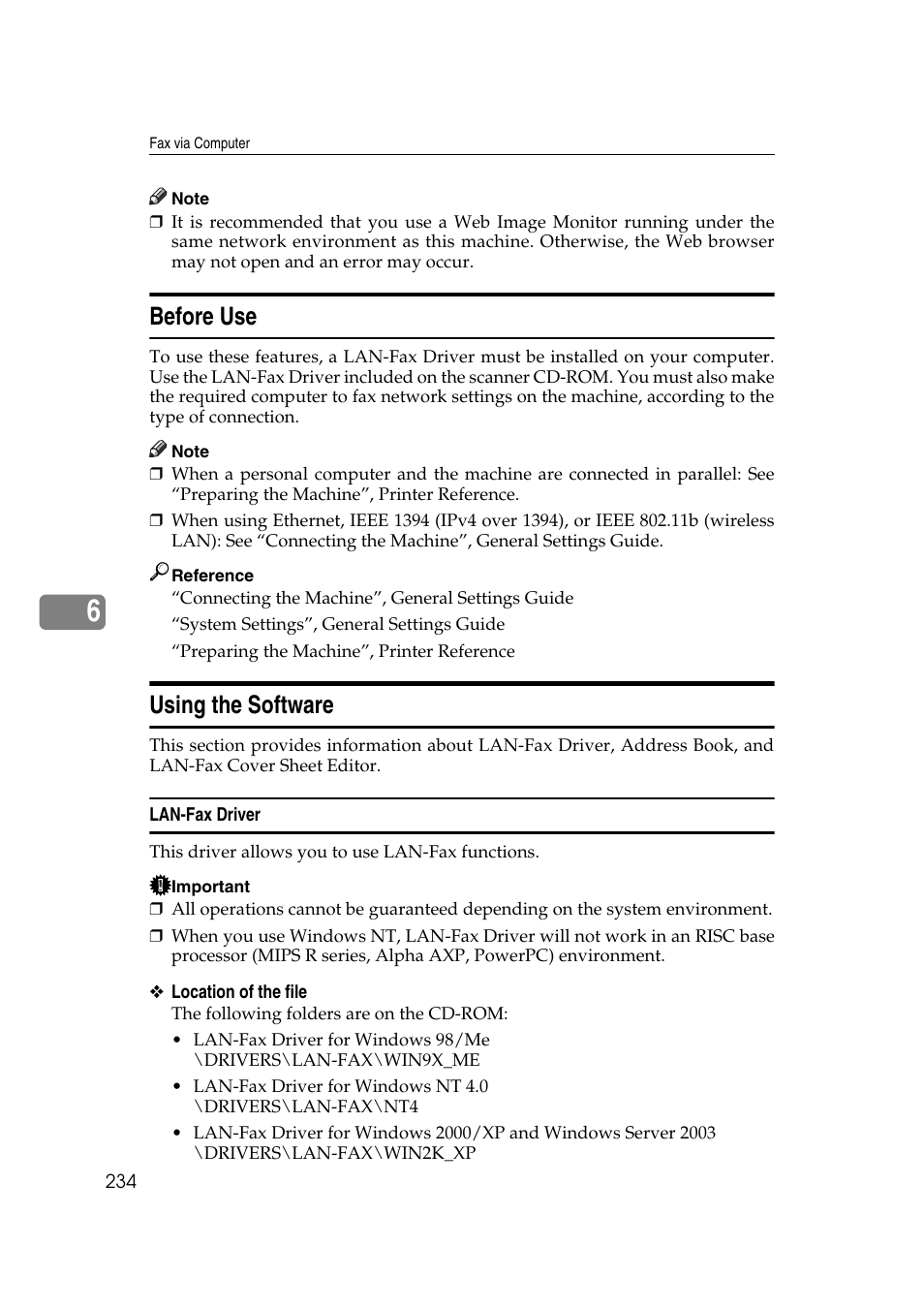 Before use, Using the software, Lan-fax driver | Before use using the software | Ricoh 7500 User Manual | Page 244 / 292