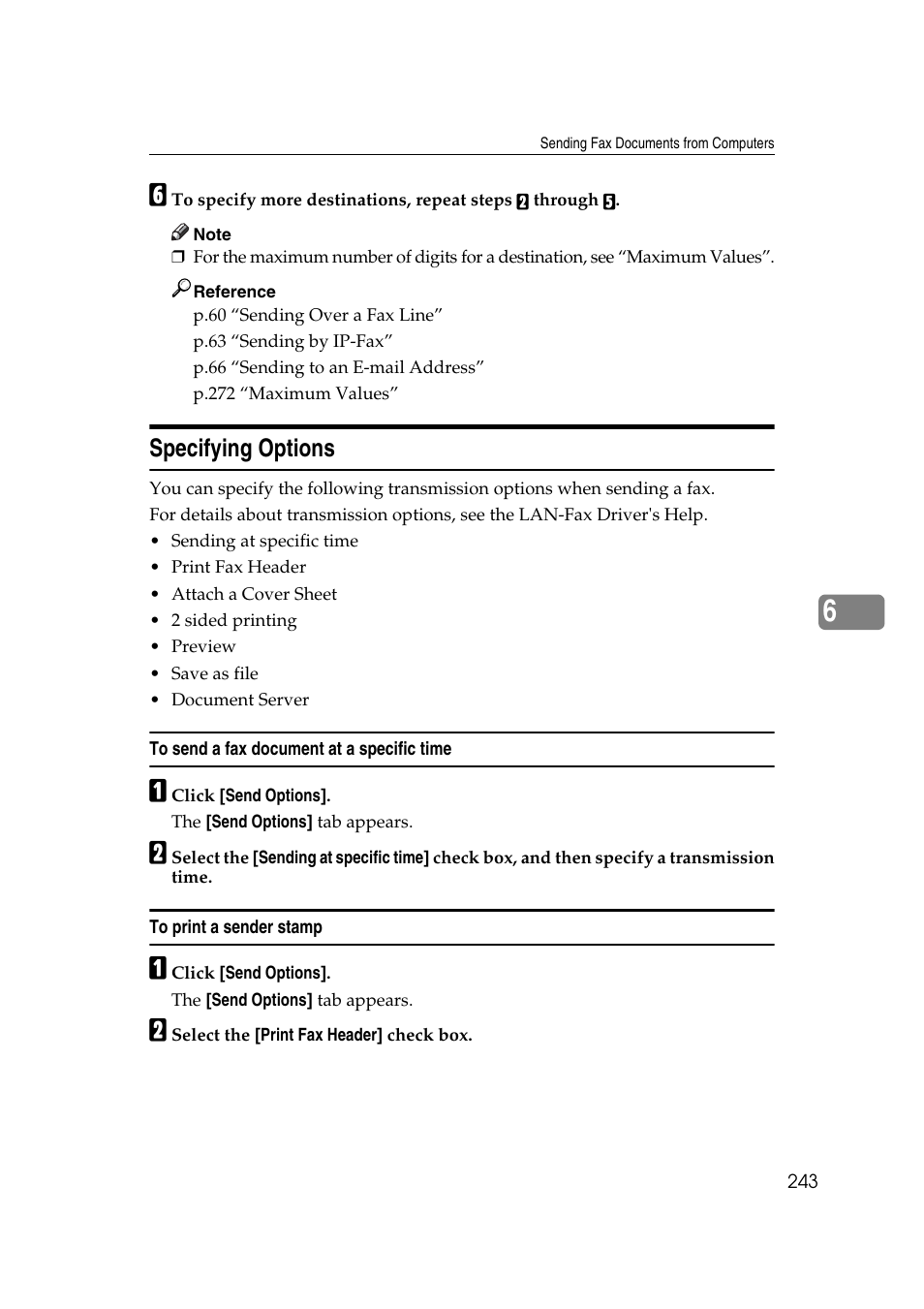 Specifying options, To send a fax document at a specific time, To print a sender stamp | P.243 “specifying options | Ricoh 7500 User Manual | Page 253 / 292